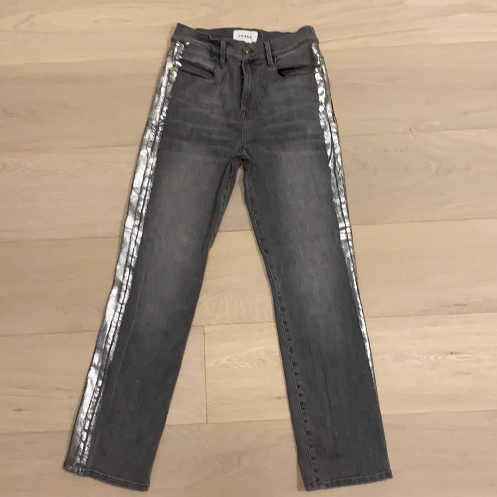 Frame Le High Straight Jeans with Metallic Stripe